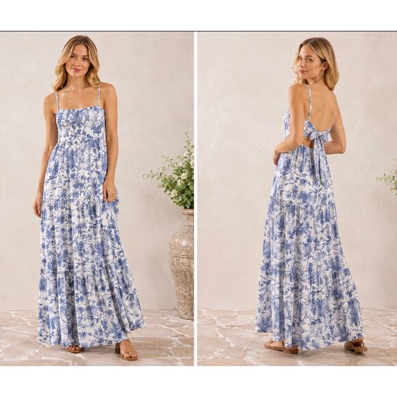 Altar'd State Dresses & Skirts - Altar’d State Blue White Floral Smocked Tiered Maxi Dress Boho Cottagecore